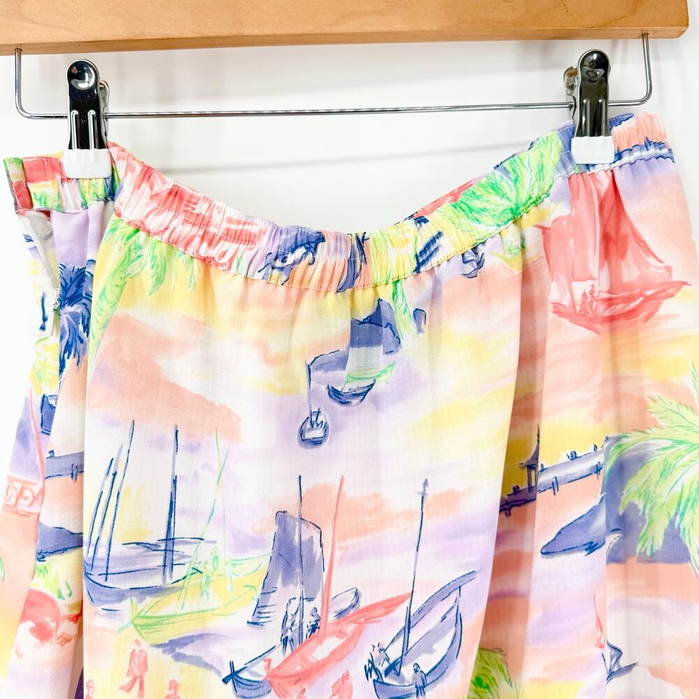 Vtg Bushwacker Brisas Island Watercolor Scenic Maxi Skirt Sz 12 Tropical Lined - Picture 3 of 13
